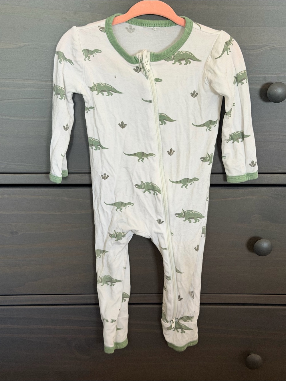Kyte BABY White Bamboo Pajamas with Green Dino Print